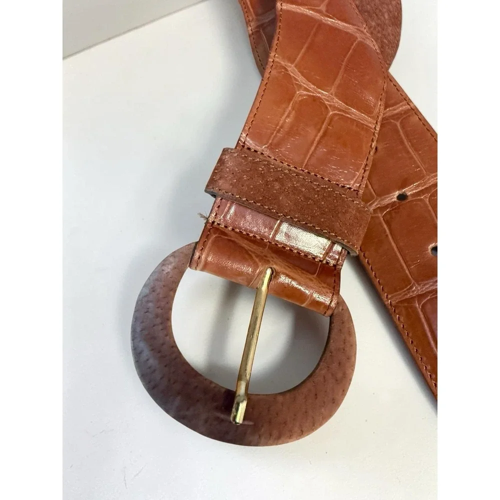 Ginnie Johansen Italy Wide Croc Embossed Leather Waist Belt Oval Buckle Medium‎